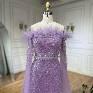 Elegant Cape Sleeves Mermaid Evening Dresses Gowns Luxury Feathers Beaded 2024 For Women Wedding Party