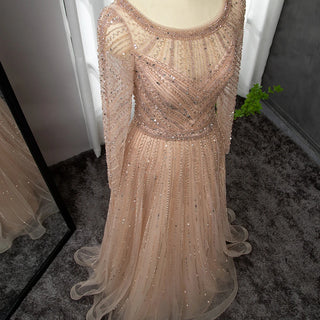 Ships in 1 to 3 Days - Luxury Gold Mermaid Evening Dress with Long Sleeves and O-Neck - Women's Party Gown 2024