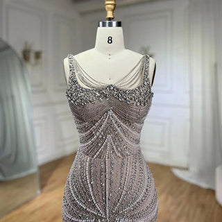 Arabic Nude Spaghetti Strap Mermaid Evening Gown - Luxury Pearls Beaded for Women's Wedding Party 2024