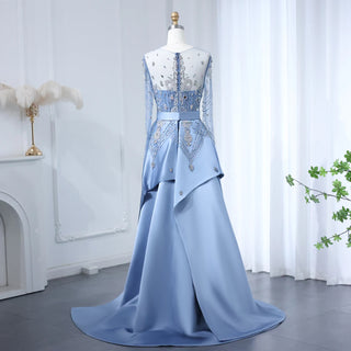 Arabian Luxury Blue Beaded Evening Gown with Long Sleeves and Overskirt for Dubai Women’s Wedding Party