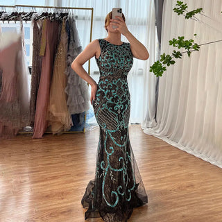 Ships in 1 to 3 Days - Arabic Blue Sleeveless Mermaid Luxury Evening Dress: Elegant Lace Beaded Gown for Women's Wedding Party 2024