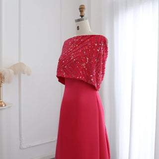 Elegant Off-Shoulder Fuchsia Arabic Evening Dress with Cape for Women Wedding Party Dubai Formal Prom Gowns