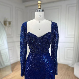 Ships in 1 to 3 Days: 2024 Royal Blue Mermaid Sparkle Beaded Luxury Long Evening Dress - Gown with Beaded Feathers for Women's Party