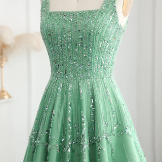 Luxury Beaded Dubai Green Evening Gown with Spaghetti Straps - Arabic Wedding Party Dress