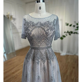 Grey O-Neck A-Line Evening Dress 2024 with Short Sleeves - Ideal for Mother of the Bride, Luxury Beaded Party Gowns