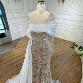 Ships in 1 to 3 Days - White Nude Elegant One Shoulder Evening Dress | Luxury Pearls Beaded Gown for Women's Wedding Party 2024