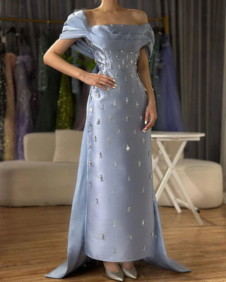 Arabic Blue Beaded Crystal Ankle-Length Mermaid Satin Evening Dress Gown for Party