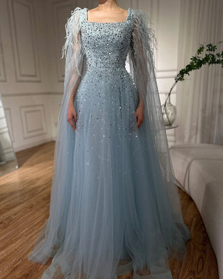 Ships in 1 to 3 Days - 2024 Arabic Blue A-Line Evening Dress - Luxury Beaded Gown with Feathers and Cape Sleeves for Formal Occasions in Saudi Arabia