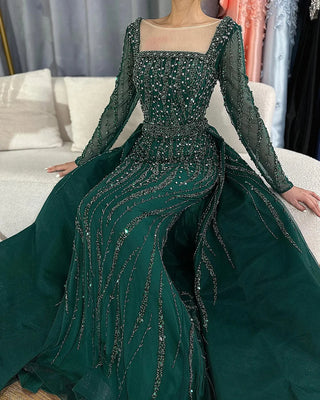 Luxurious Green Beaded Mermaid Evening Gown with Overskirt