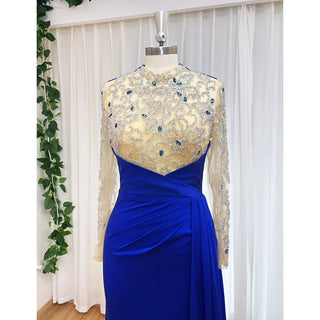 Blue Muslim Mermaid Luxury Evening Dress 2024 with Beaded Arabic Elegance - Ideal for Women's Wedding Party