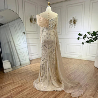 Luxury Nude Mermaid Evening Gown with Overskirt - Beaded Pearls for Women's Wedding Party 2024