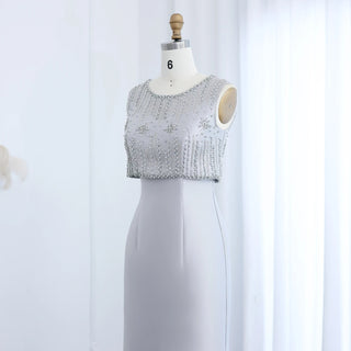 Luxury Silver Gray Rhinestone Midi Evening Dress - Dubai Formal Gown for Arabic Women