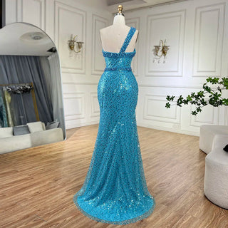 Ships in 1 to 3 Days - Luxury Blue One-Shoulder Mermaid Evening Dress - Dubai Gown with Beading for Women's Party 2024