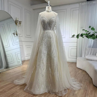 Dubai Yellow Cape Sleeves Elegant A-Line Luxury Beaded Evening Dresses Gowns For Women Wedding Party 2024