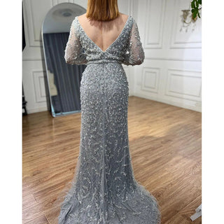 Green Mermaid Elegant Pearls Long Sleeves Evening Dress: 2024 Luxury Beaded Gown for Women's Wedding Party