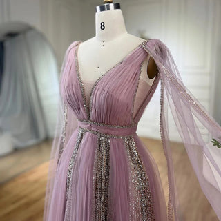 Luxury Dubai Wedding Party Gowns: Elegant Pink Evening Dress with Cape Sleeves for Arabic Women in Sage Green and Yellow