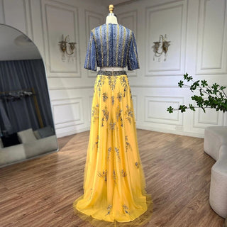 Ships in 1 to 3 Days - Luxury Dubai Blue Yellow 2-Piece Evening Dress - Elegant Long Formal Prom Gown for Women's Wedding Party