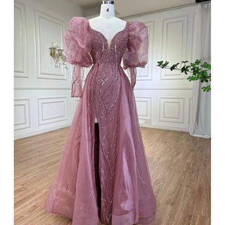 Dubai Pink Mermaid High Split Over Skirt Beaded Evening Gown - Perfect for Women's Wedding Party 2024