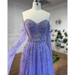 Ships in 1 to 3 Days - Blue A-Line Off-Shoulder Cape Sleeves Evening Dress 2024 - Beaded Luxury Gown for Women's Arabic Party