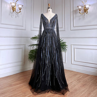 Elegant Black Luxury Dubai Evening Dress with Cape Sleeves: Perfect for Women's Blue and Red Wedding Formal Party Gowns (2024)