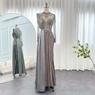 Luxury Crystal Dubai Muslim Evening Dress with Overskirt: Gray Arabic Formal Dresses for Women at Wedding Parties