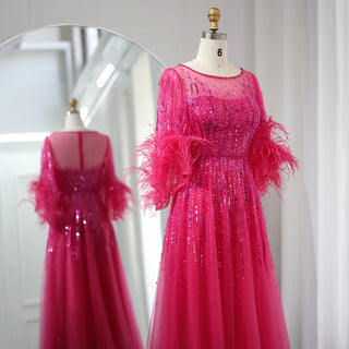 Elegant Half-Sleeve Luxury Dubai Evening Dresses in Black with Feathers: Perfect for Women's Fuchsia Arabic Wedding Party Dress