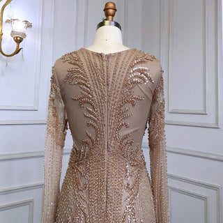 Ships in 1 to 3 Days - Nude Mermaid Prom Dress 2024 with Long Sleeves, Sparkling Sequined Beading - Luxury Elegance