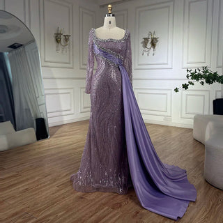 2024 Luxury Dubai Lilac Mermaid Dress with Satin Overskirt Beaded Evening Gown for Women Wedding Party