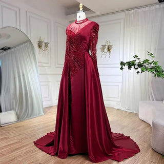 Wine Red Mermaid Luxury Lace Beaded Satin Evening Dresses: Dubai Formal Gowns 2024 for Women's Wedding Party