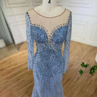 Dubai Arabian Blue Elegance: 2024 Mermaid Luxury Beaded Pearls Evening Gown - Elegant Dress for Women's Wedding Party