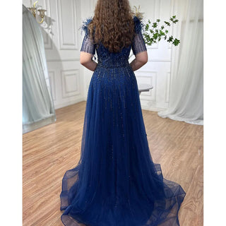 Blue Serenity: 2024 Boat Neck Luxury Evening Gown - Short Sleeves Beaded Feather A-Line Dress for Women's Party