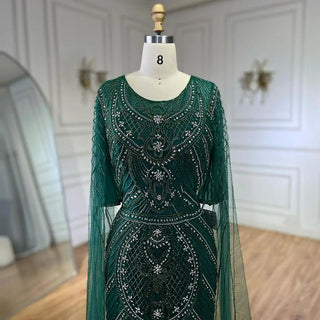 Dubai Arabic Green Mermaid Evening Dress with Elegant Luxury Beaded Cape Sleeves for Women's Party 2024