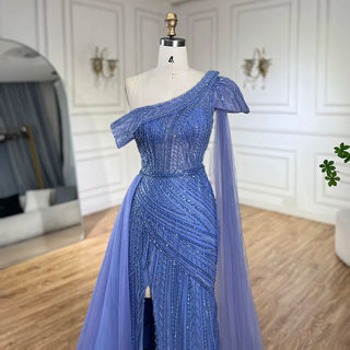 Arabic Blue One-Shoulder Yellow High-Split Mermaid Beaded Evening Gown for Women Wedding Party 2024