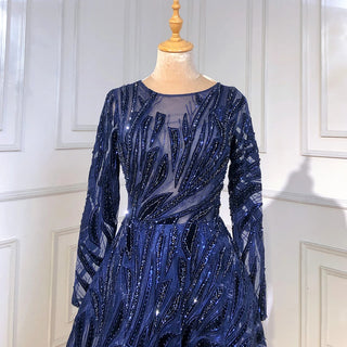 Navy Elegance: 2024 Muslim A-Line Evening Gown with Crystal Embellishments and Long Sleeves - Perfect for Women's Parties