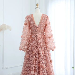 Blush Peach-Pink 3D Flowers Evening Dress with Bell Long Sleeves and V-Neck | Arabic Wedding Party Birthday Gown