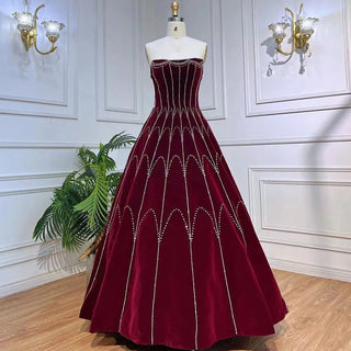 Luxury Dubai: Arabic Burgundy Velvet Ball Gown Evening Dress 2024 with Crystal Details - Perfect for Women's Formal Wedding Parties