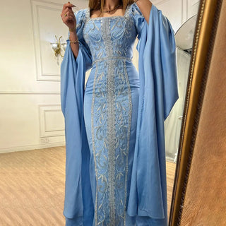 Blue Muslim Elegant Mermaid Evening Dress: Cape Sleeves, Arabic Beaded Gowns for Women's Wedding Party 2024