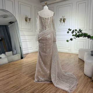 2024 Dubai Nude Strapless Mermaid Dress with Overskirt | Beaded Luxury Evening Gown for Women's Wedding Party