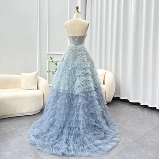 Chic Blue Ombre Tiered Ruffles: Luxury 2024 Dubai Ball Gown Evening Dresses