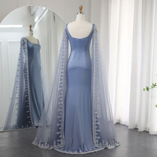 Luxury Crystal Blue Mermaid Dubai Evening Dresses with Cape Sleeves: Elegance for Arabic Women's Wedding Party Gowns