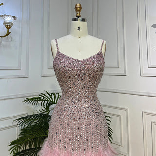 Elegance in Pink: 2024 Mermaid Mini Evening Dress with Sweetheart Neckline, Spaghetti Straps, Beading, and Feather Detail - Perfect for Women's Parties