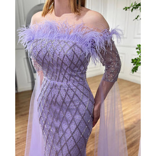 Dubai Caramel Feather Beaded Mermaid Evening Gown: Elegant Cape Sleeves for Women's Wedding Party 2024