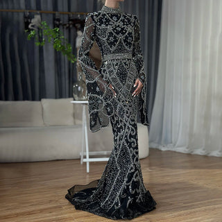 Grey Muslim Mermaid Elegant Cape Sleeve Beaded Luxury Dubai Long Evening Dress - Women's Party 2024