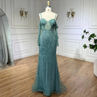 Grey Mermaid Spaghetti Strap Evening Gown: Luxury Beaded Elegance for Weddings and Parties 2024