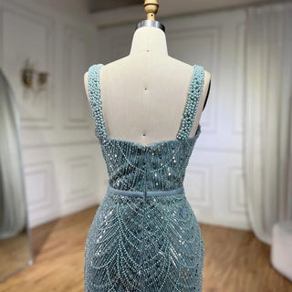 Turquoise Mermaid Evening Gown with Beaded Pearls, Spaghetti Straps, and Floor-Length Hem - Women's Party Dress 2024