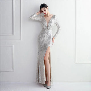 Sexy Silver Sequin Party Maxi Dress with Slit - Long Sleeve Evening Prom Dress for Women