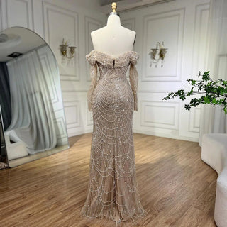 Ships in 1 to 3 Days - Arabia Nude Mermaid Boat Neck Evening Dress with Overskirt - Luxurious Attire for Women's Wedding Party 2024