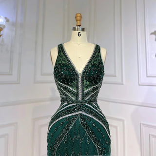 Ready To Ship : Green Elegant Mermaid Split Feathers Beaded Formal Arabic Luxury Prom Dress for Women Party 2024