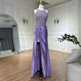 2025 Arabic Lilac Halter Neck Side Slit Mermaid Luxury Dubai Evening Gown Beaded Dress for Women's Party