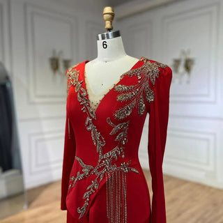 Arabic Red Mermaid Dresses for Women, Elegant Tassel, Beaded, Luxury, Dubai Evening Gowns, Wedding Party